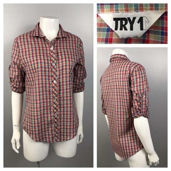 1980s Plaid Button Up Long Short Sleeve Shirt / Women’s Small - Picture 7 of 7